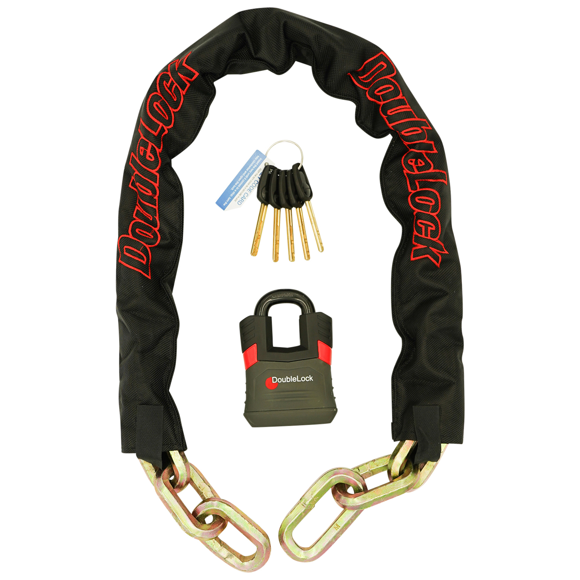 DoubleLock USA Mammoth Chain and Padlock Combo — 80cm Heavy Steel Chain, High-Shoulder Shackle, Red Deterrent Collar, Model# 210-100A
